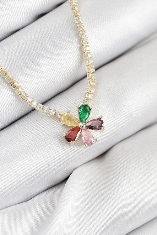 BFS Pirinç Zirkon Taşlı Su Yolu Asorti Çiçek Model Gold Renk Kadın Kolye