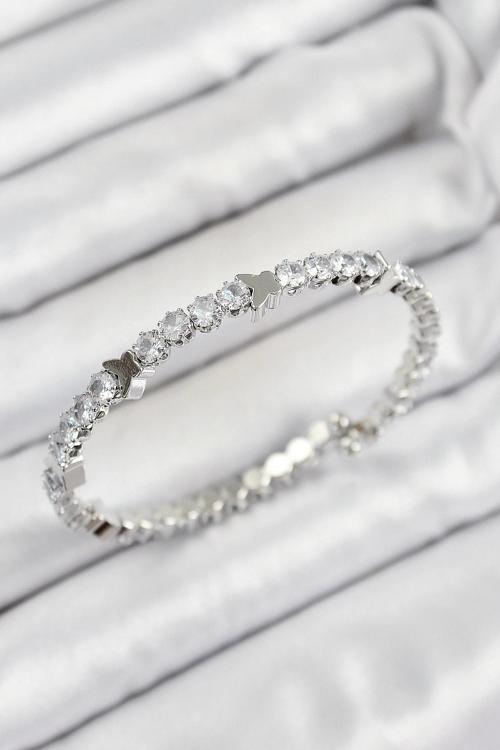 BFS Pirinç Zirkon Taşlı Kalp Model Gümüş Renk Yaylı Kadın Bileklik