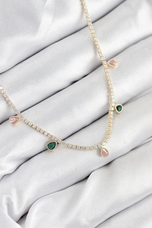 BFS Pirinç Zirkon Taşlı Su Yolu Damla Model Gold Renk Kadın Kolye