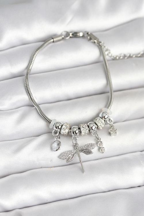 BFS Pirinç Gümüş Renk Yusufçuk Charmlı Kadın Bileklik