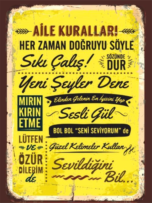 Aile Kuralları Retro Poster | Sarı MDF Tablo