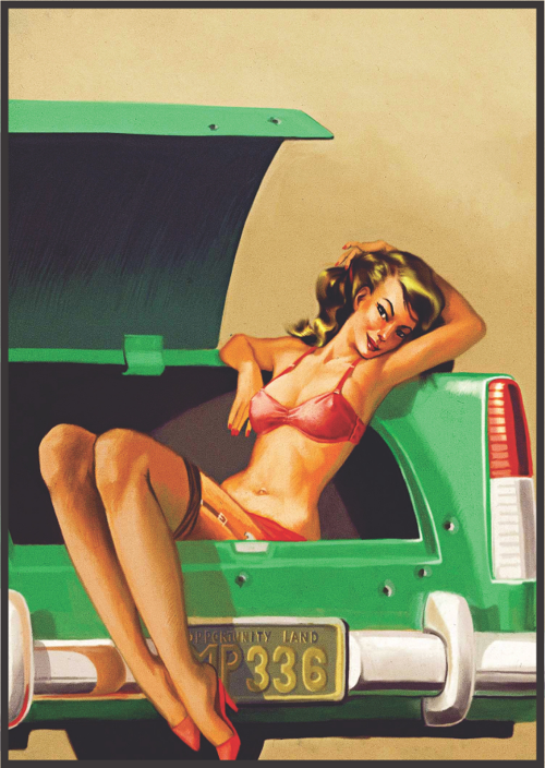 Klasik Araba Bagajında Retro Kadın Figürlü Ahşap Tablo