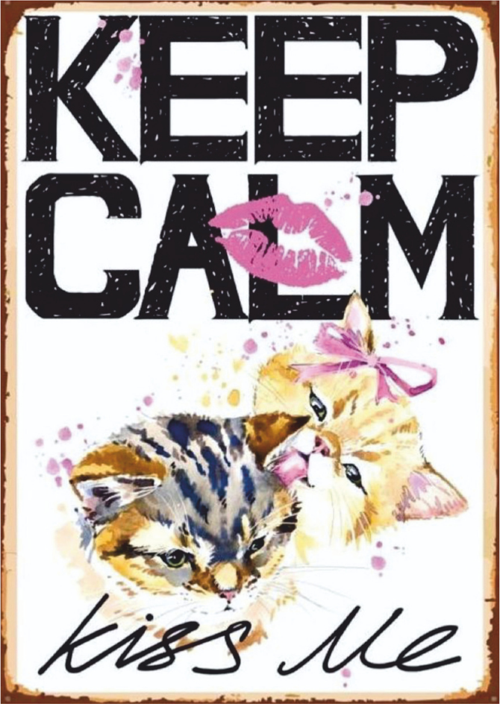 Keep Calm Kiss Me Yazılı Kedili Romantik Ahşap Retro Poster Tablo
