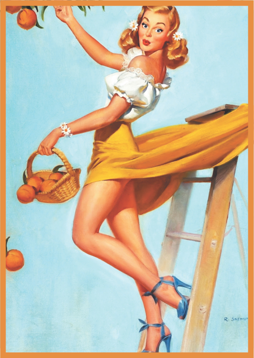 Meyve Sepetli Sarı Etekli Kadın İllüstrasyonlu Ahşap Retro Tablo