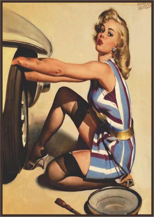 Retro Mekanik Temalı Kadın Figürlü Ahşap Tablo – Renkli Çizgili Elbiseli