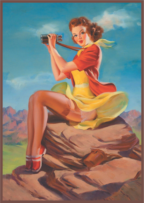 Retro Dağ Manzaralı Kadın Figürlü Ahşap Tablo – Sarı Elbiseli Dürbünlü