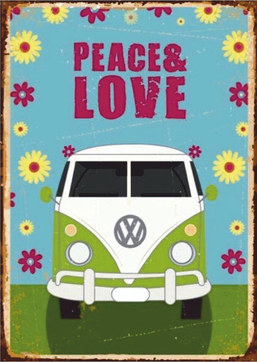 Peace & Love Retro Ahşap Tablo - Hippi Minibüs Temalı Nostaljik Tasarım