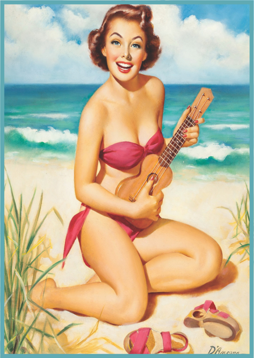 Retro Plaj Temalı Ukuleleli Kadın Ahşap Tablo