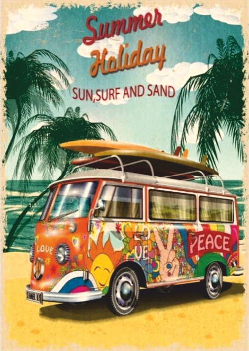 Summer Holiday Retro Ahşap Tablo - Hippi Minibüs ve Sahil Tatili Temalı Tasarım
