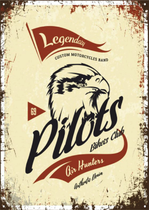 Pilots Bikers Club Retro Ahşap Tablo - Kartal ve Motosiklet Kulübü Temalı Tasarım