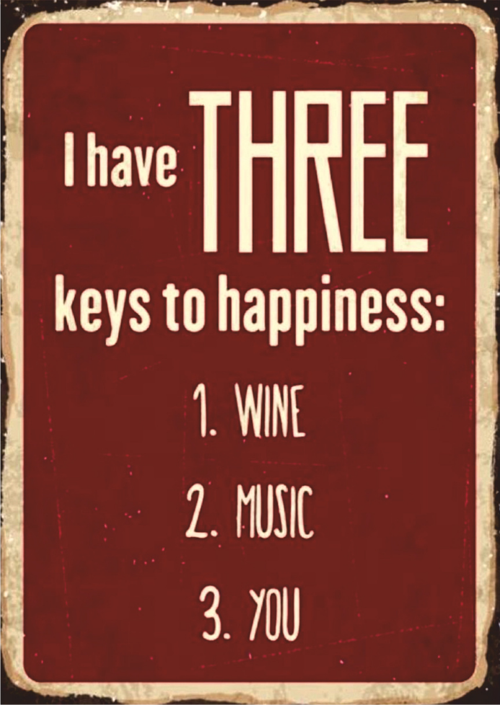 Three Keys to Happiness Retro Ahşap Tablo - Şarap, Müzik ve Aşk Temalı Yazı Tasarımı