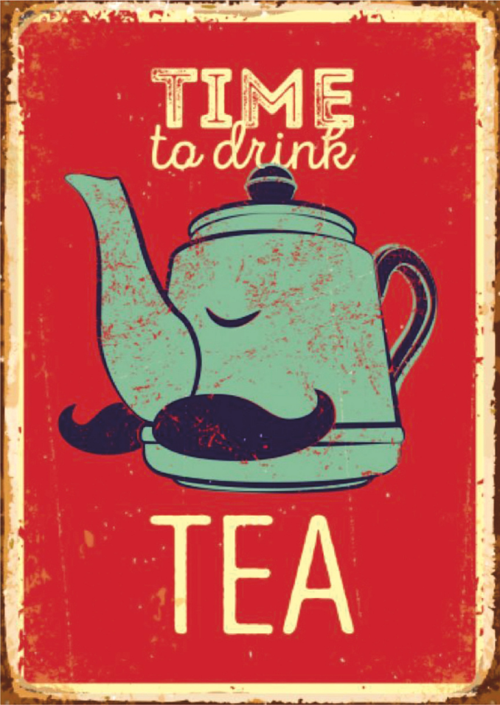 Time to Drink Tea Retro Ahşap Tablo - Mizahi Bıyıklı Çaydanlık Tasarımı