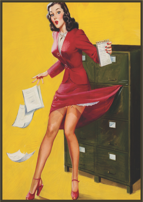 Retro Sekreter Figürlü Ahşap Tablo – Renkli Ofis Temalı Dekor