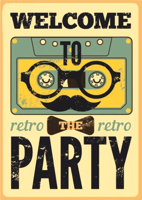 Welcome to the Retro Party Ahşap Tablo – Kaset ve Bıyık Temalı Eğlenceli Vintage Afiş