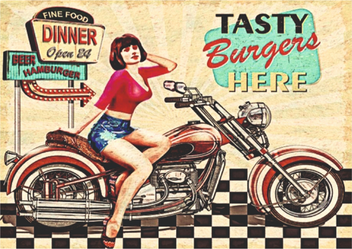 Tasty Burgers Here Retro Ahşap Tablo - 50'ler Diner & Motosiklet Temalı Tasarım