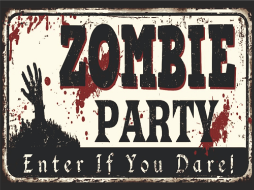 Zombie Party Retro Ahşap Tablo – Korku Temalı Eğlenceli Kan Efektli Tasarım