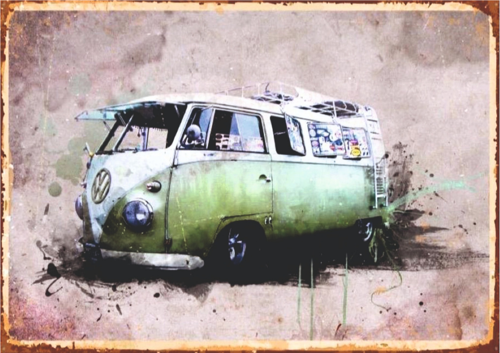 Volkswagen Minibüs Retro Ahşap Tablo – Yeşil T1 Camper Van ve Sulu Boya Efektli Tasarım