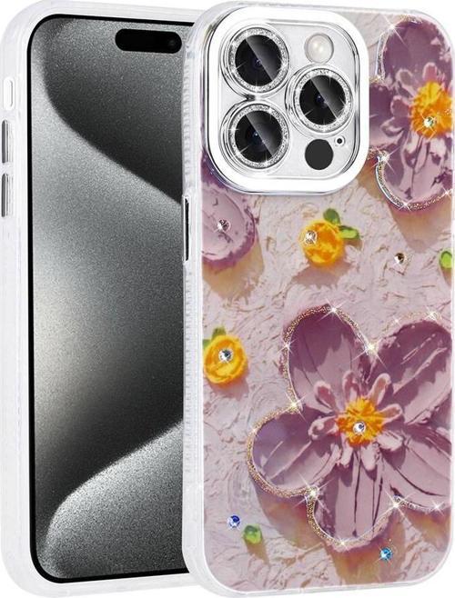 Apple iPhone 15 Pro Max Kılıf Çiçek Desenli Parlak Taşlı Sert Silikon Zore Garden Kapak