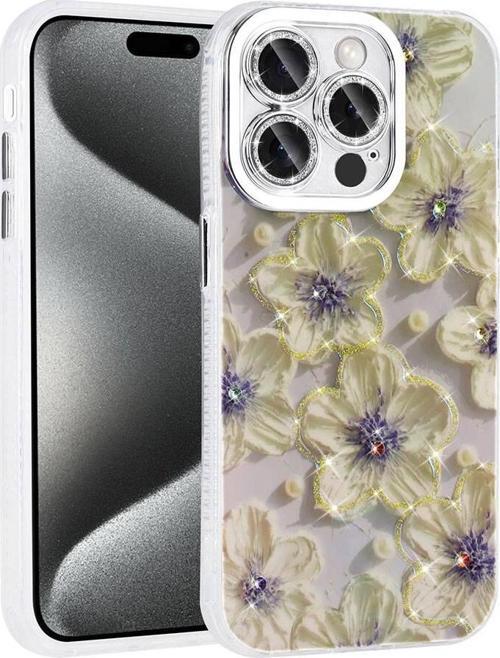 Apple iPhone 15 Pro Max Kılıf Çiçek Desenli Parlak Taşlı Sert Silikon Zore Garden Kapak