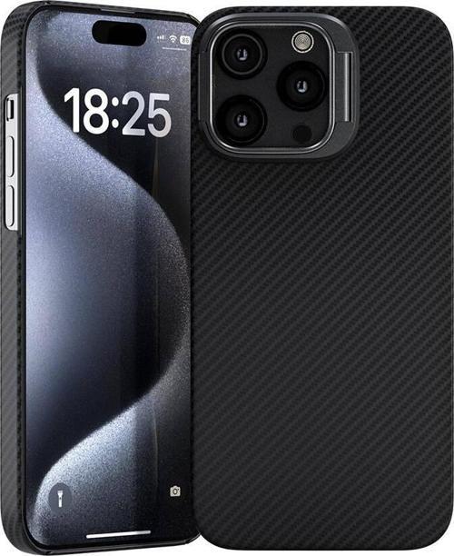 Apple iPhone 15 Pro Max Kılıf M-safe Şarj Özellikli 600D Kevlar Zore Krek Karbon Standlı Kapak