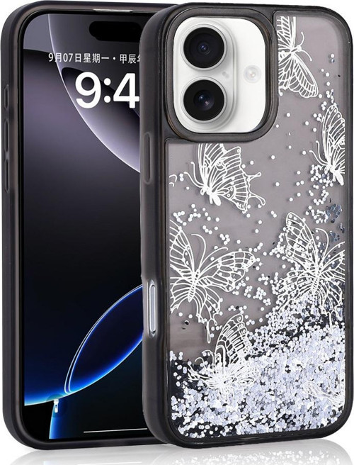 Apple iPhone 16 Kılıf Sıvılı Simli Kelebek Baskılı Şeffaf Arka Yüzey Zore Glis Silikon Kapak