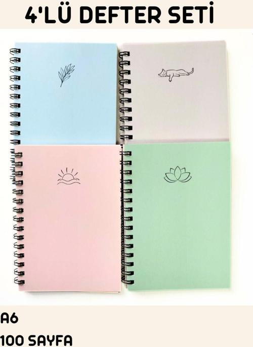 Pastel Renkler 4'Lü Spiralli Defter Seti , A6 , Çizgisiz ,