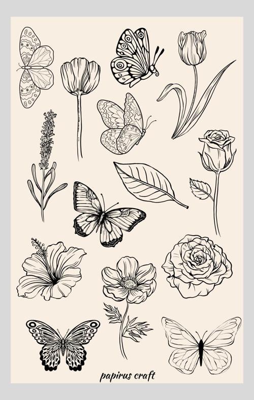 Siyah Beyaz Temalı 14 Lü Çiçek Ve Kelebekli Sticker Çıkartma