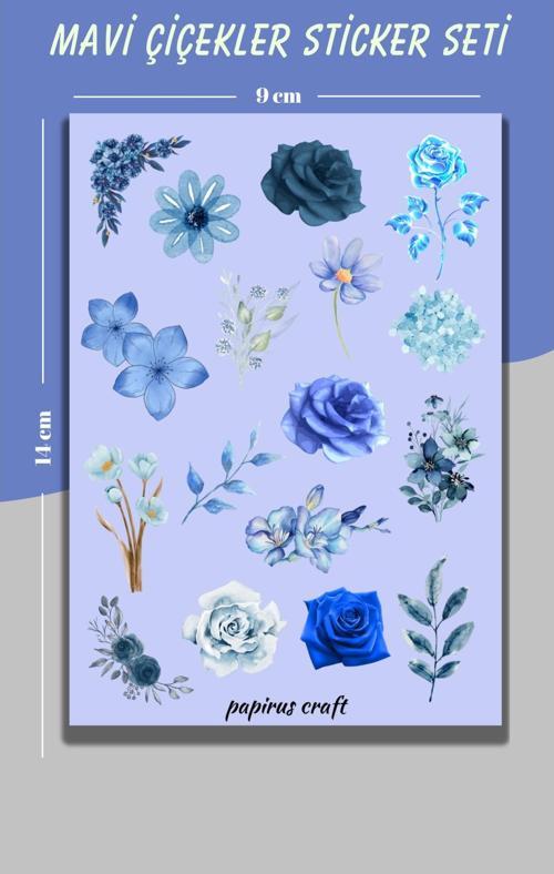 Mavi Temalı Çiçekler Sticker Çıkartma