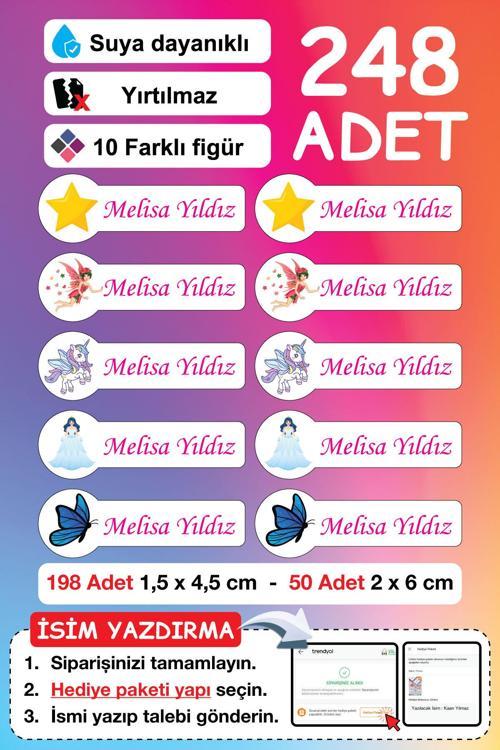 Premium Kalite 230 Adet Prenses Temalı Kişiye Özel İsimli Defter Kalem Okul Etiketi