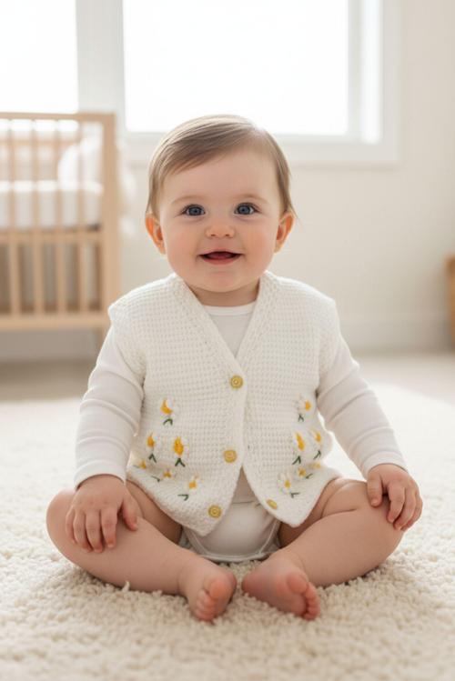 - Çiğdem 1390 6224 El Örgüsü Papatya Desenli Örgü Yelek / 1 - 3 Yaş