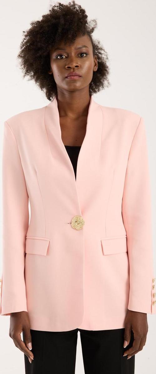 Pembe Salaş Kesim Düğme Detaylı Dokuma Blazer Ceket