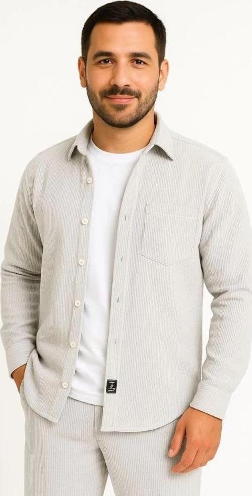 MDB Erkek Fitilli Kadife Cepli Gömlek Oversize Rahat Kalıp  Gri