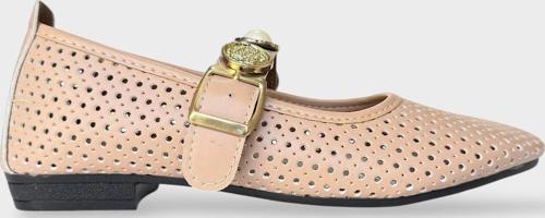 Kadın İnci ve Mühür Aksesuar Bantlı Babet BEJ - ALTIN