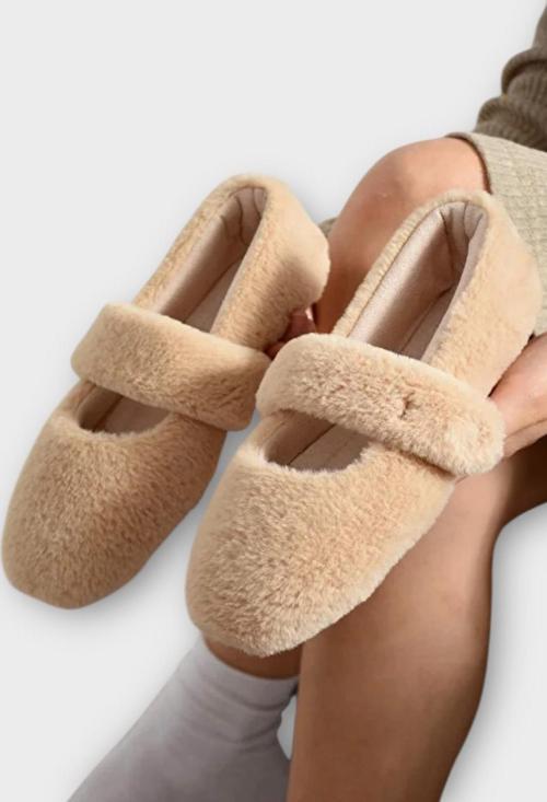 Tüylü Tek Kemer Cırtlı Panduf Kadın Ev Babeti BEJ