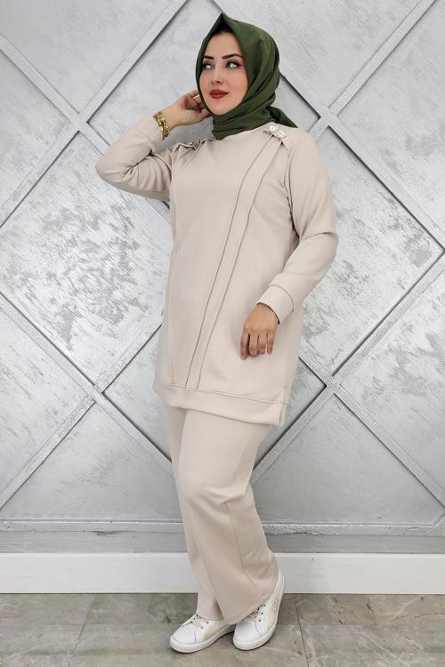 KADIN DÜĞME DETAYLI NERVÜR DİKİM TESETTÜR TAKIM