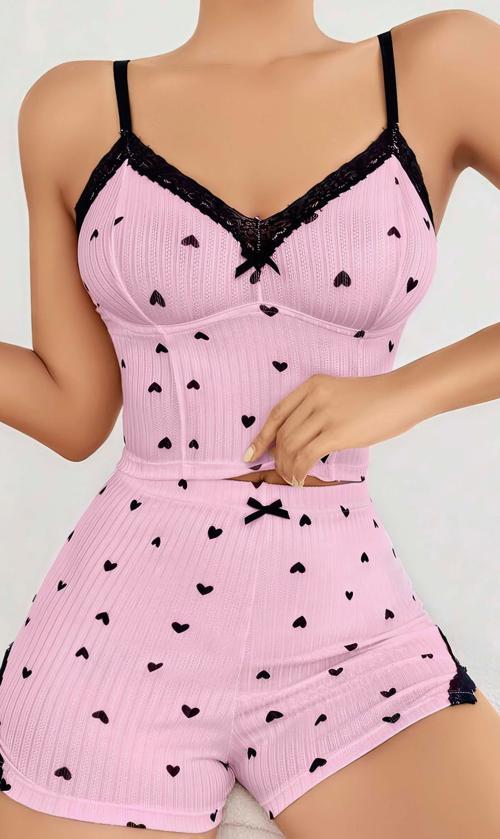 Kadın Pembe Kalp Desenli Askılı Şortlu Pijama Takım 5013