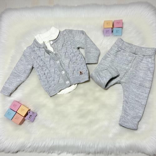 BEBE YAKA BODYLI ARMALI ÖRGÜ DETAYLI TRİKO ÜÇLÜ ALT ÜST TAKIM - ANG1414-Gri-3 - 6 Ay Gri
