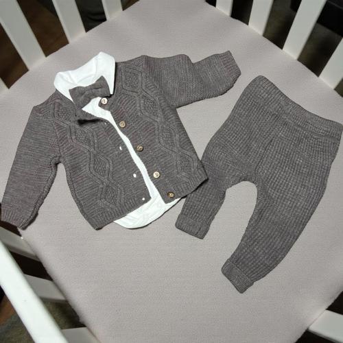 GÖMLEK YAKA BODYLİ PAPYONLU BAKLAVA ÖRGÜLÜ TRİKO ÜÇLÜ ALT ÜST TAKIM - ANG2424-Kahverengi-6 - 9 Ay Kahverengi