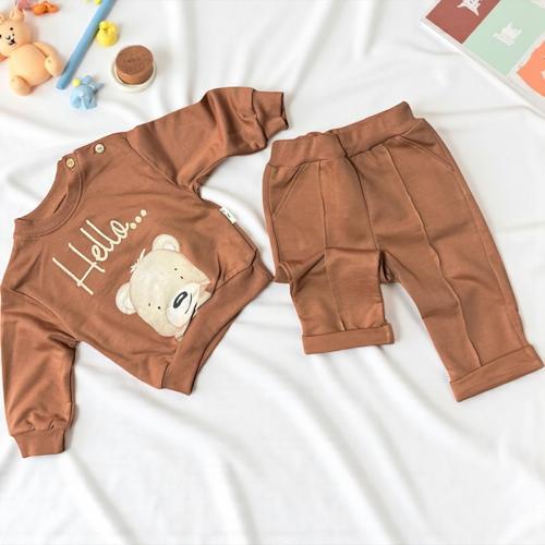 AYICIK BASKILI CEPLİ ALT ÜST TAKIM - Kahverengi - 12 Ay Kahverengi
