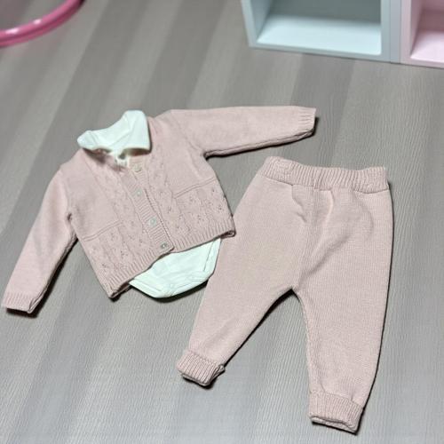 YAKALI BODY SAÇ ÖRGÜLÜ HIRKALI TRİKO ÜÇLÜ ALT ÜST TAKIM - ANG3131-Pembe-6 - 9 Ay Pembe