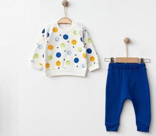 HAPPY EMOJİ BASKILI İKİ İPLİK ALT ÜST TAKIM - MNS3004-Saks-6 Ay Saks