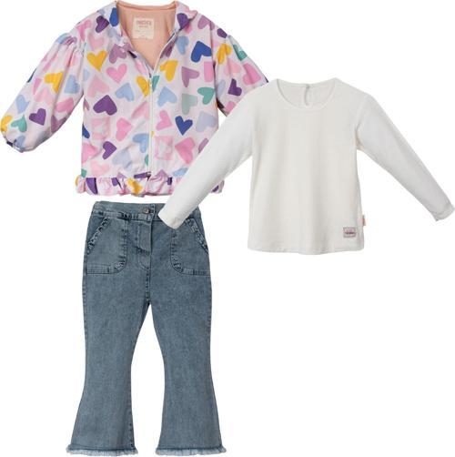 KAPÜŞONLU ASTARLI KALPLİ YAĞMURLUKLU DENIM PANTOLONLU ÜÇLÜ ALT ÜST TAKIM - NEC241167-Somon-2 - 3 Yaş Somon