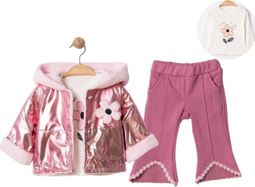 LAME MONTLU KAPÜŞONU DETAYLI İKİ İPLİK ÜÇLÜ ALT ÜST TAKIM - SDL6057-Pembe-12 Ay Pembe
