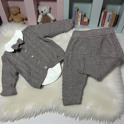 PAPYONLU GÖMLEK YAKALI BODYLİ TRİKO ALT ÜST TAKIM - ANG1818-Kahverengi-9 - 12 Ay Kahverengi