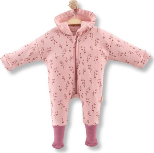 KAPÜŞONLU ÇİÇEK DESENLİ KAYMAZ PATİKLİ ÜÇ İPLİK ŞARDONLU TULUM - Gül Kurusu - 3 - 6 Ay Gül Kurusu