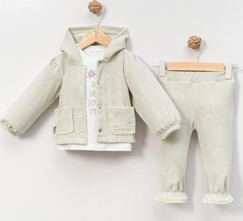 KAPÜŞONLU FİSTO DETAYLI KADİFE ÜÇLÜ ALT ÜST TAKIM - KS-25015-Gri-6 Ay Gri