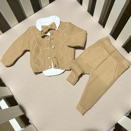 GÖMLEK YAKA BODYLİ PAPYONLU BAKLAVA ÖRGÜLÜ TRİKO ÜÇLÜ ALT ÜST TAKIM - ANG2424-Camel-6 - 9 Ay Camel