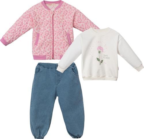 ÇİÇEKLİ KAPİTONE ASTARSIZ MONTLU DENIM PANTOLONLU ÜÇLÜ ALT ÜST TAKIM - NEC243265-Pembe-3 - 4 Yaş Pembe