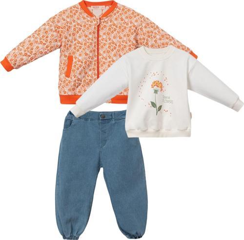 ÇİÇEKLİ KAPİTONE ASTARSIZ MONTLU DENIM PANTOLONLU ÜÇLÜ ALT ÜST TAKIM - NEC243265-Oranj-1 - 2 Yaş Oranj