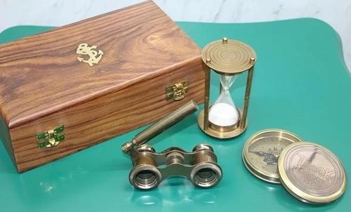 Ahşap Kutulu Pirinç Pusula,kumsaati,dürbün Seti 15682